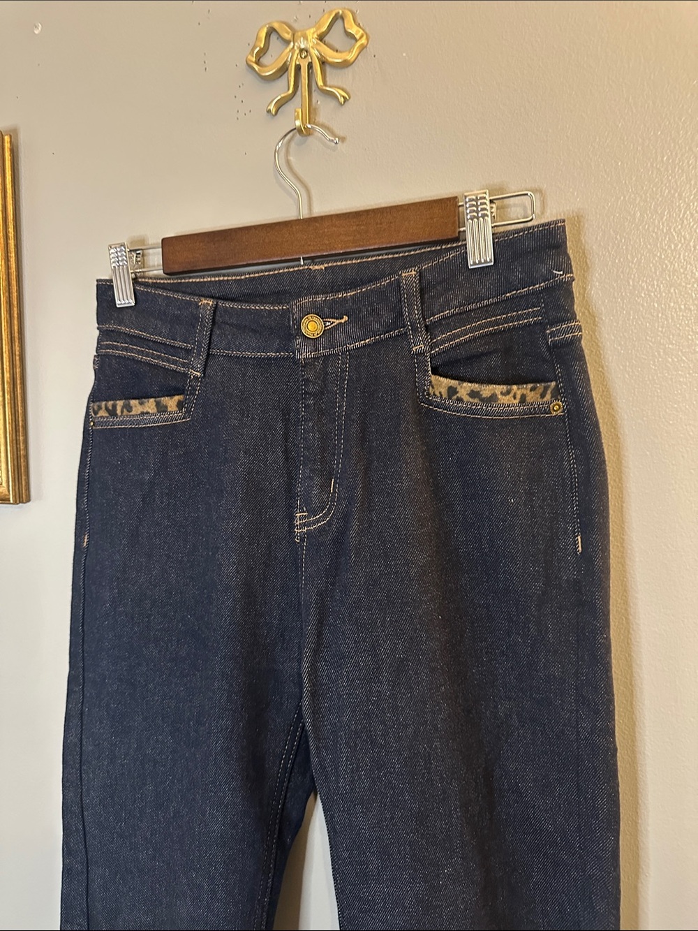 Leopard Cuff Capri Jeans L Dark Wash Stretch Denim Y2K Rockabilly - Picture 8 of 9